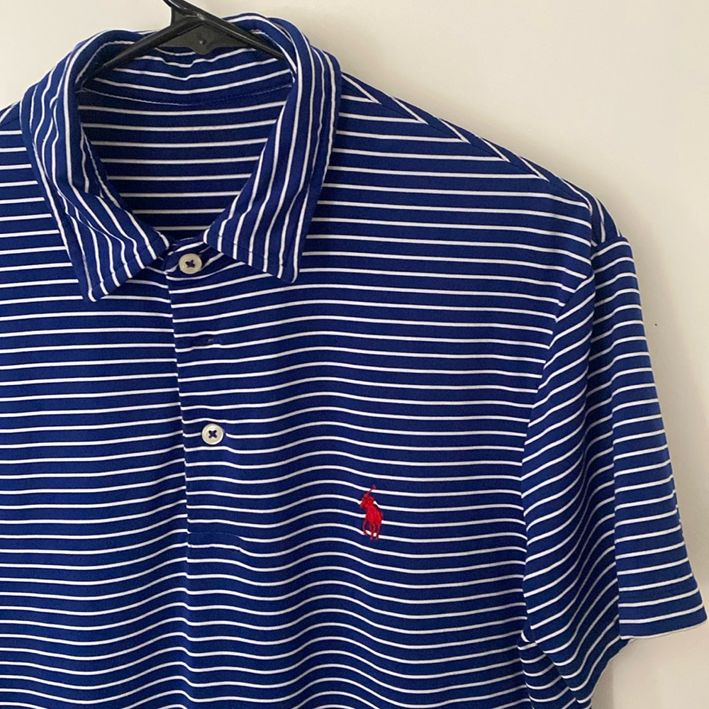 POLO blue and white striped, red logo, small